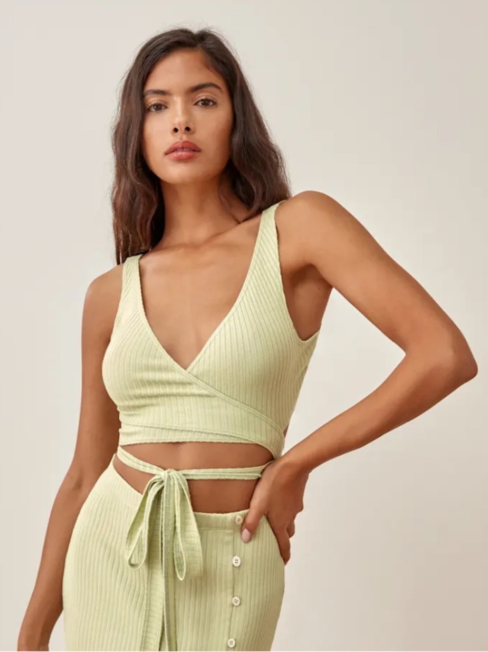 Reformation Jonny Light Green Ribbed Wrap Top Size 6